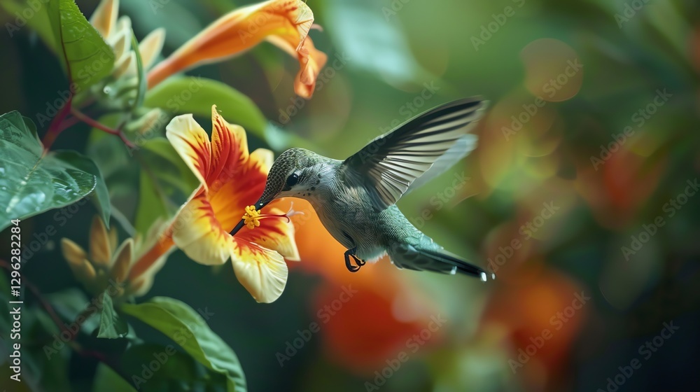 Fototapeta premium A hummingbird hovers in mid-air, feeding from a bright yellow and orange flower.