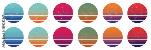 Retro sunset vector set. Minimalist striped sun design collection.