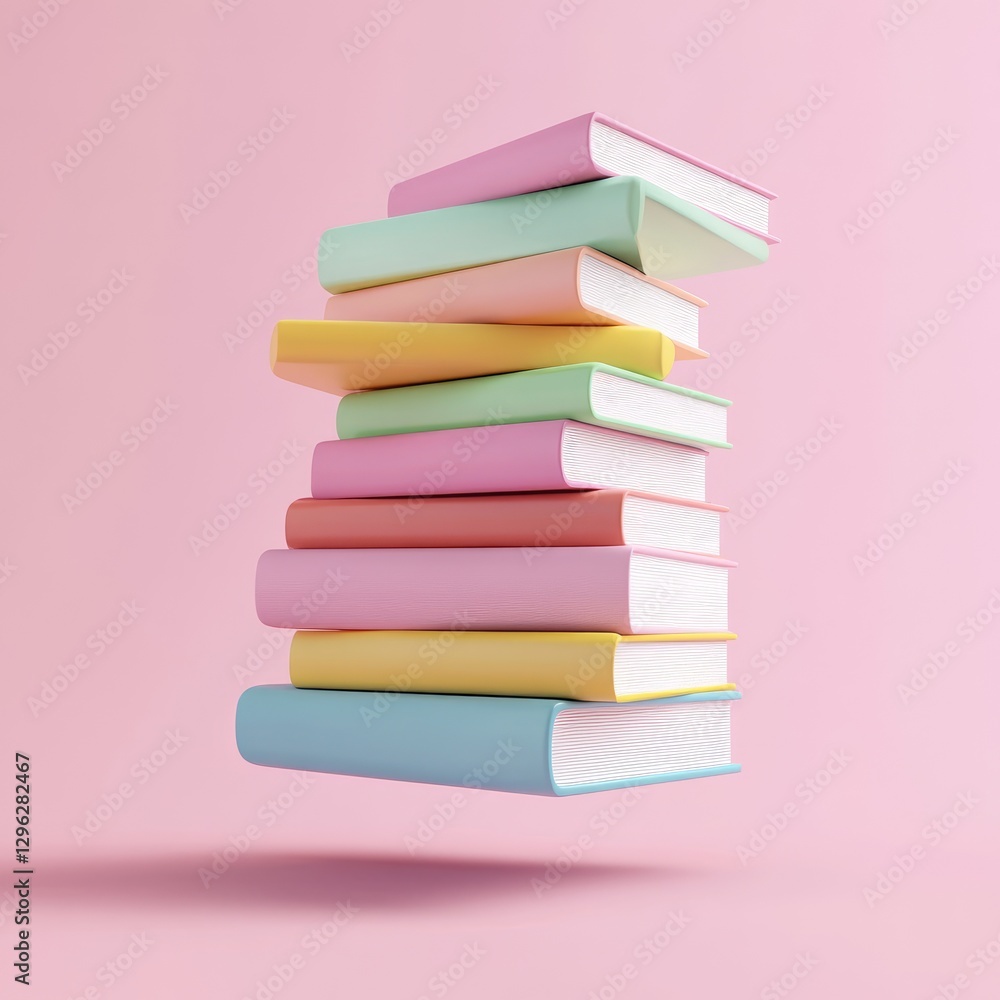 A tall stack of colorful books floating in the air A tall stack of colorful books floating in the air