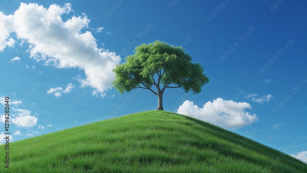 tree standing atop a grassy hill, with a clear sky and scattered clouds. ,background tree standing atop a grassy hill, with a clear sky and scattered clouds. ,background