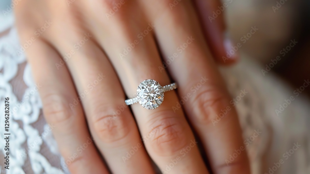 A close-up of a sparkling diamond engagement ring on a woman's finger. A close-up of a sparkling diamond engagement ring on a woman's finger.