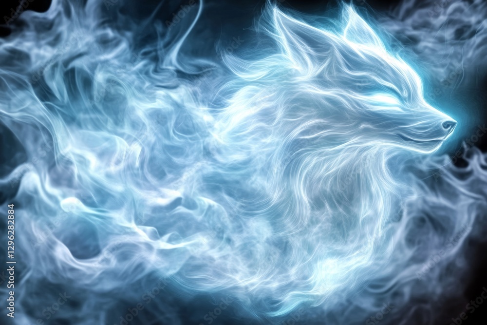 Φωτογραφία A white fox surrounded by glowing blue smoke, radiating light from its heart in the center of an ethereal fantasy world