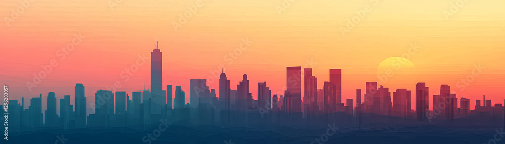 Naklejka premium Silhouette of city skyline at sunset with vibrant colors and shadows