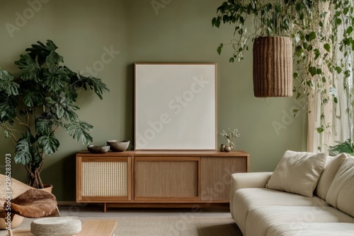 Living room featuring a wooden sideboard and a blank 1:1 square poster frame on the floor, modern poster frame mockup in a cozy living room with greenery and natural elements
