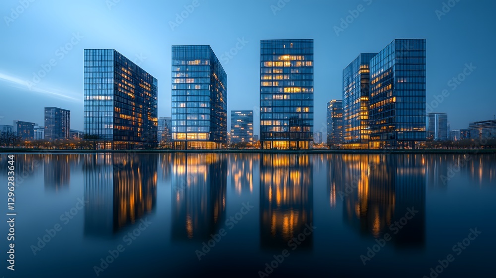 Obraz premium Modern cityscape showcases illuminated skyscrapers reflecting on calm water at blue hour, with glass and steel architecture, golden windows, and deep twilight sky in Dubai-inspired symmetrical view