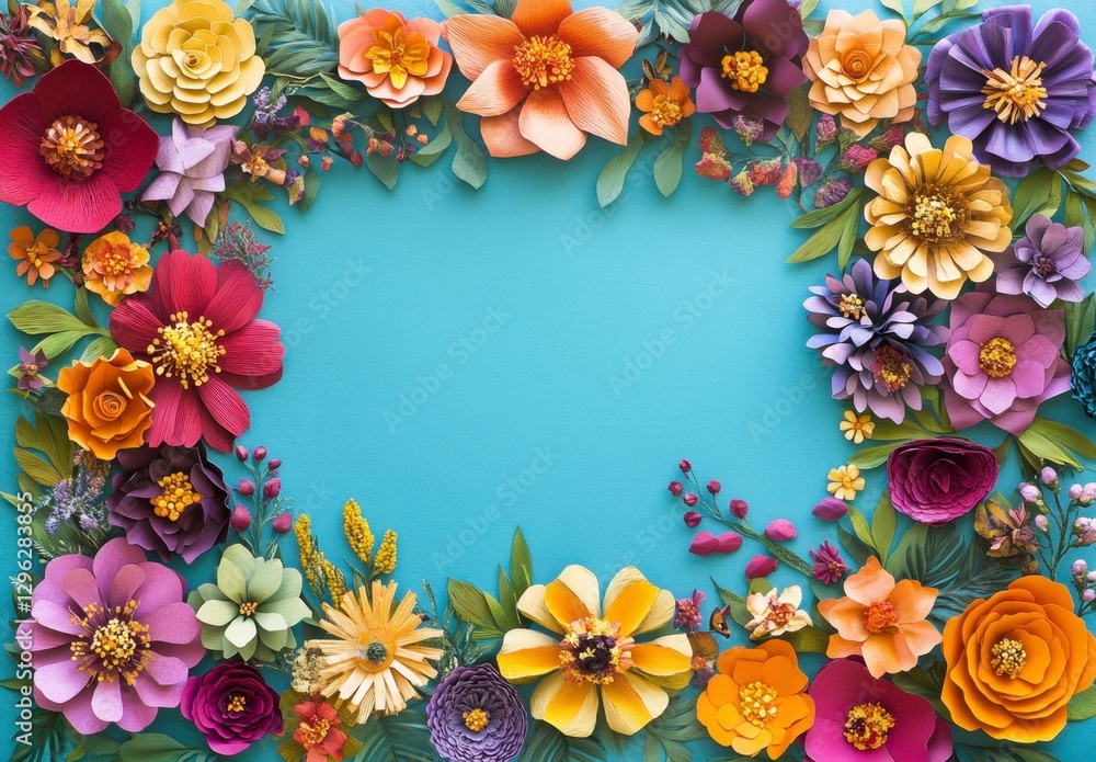 Vibrant Floral Frame on Blue Background with Paper Flowers and Leaves Vibrant Floral Frame on Blue Background with Paper Flowers and Leaves