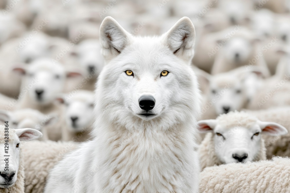 A white wolf standing in the middle of a flock of sheep, surrounded by hundreds, if not millions, of sheep A white wolf standing in the middle of a flock of sheep, surrounded by hundreds, if not millions, of sheep