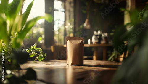A stylishly composed image of a kraft paper coffee bag sitting on a wooden table in a cozy café.
