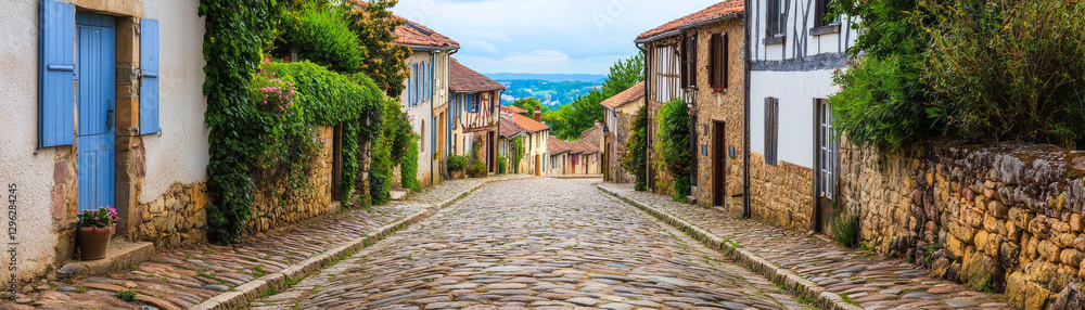 Charming cobblestone street in picturesque village with stone houses Charming cobblestone street in picturesque village with stone houses