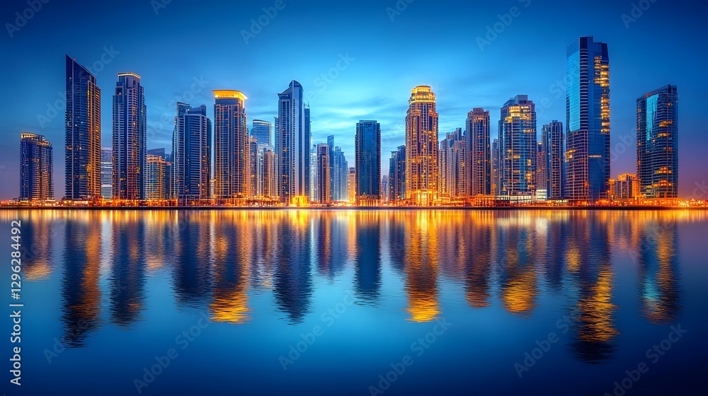 Fototapeta premium Modern cityscape showcases illuminated skyscrapers reflecting on calm water at blue hour, with glass and steel architecture, golden windows, and deep twilight sky in Dubai-inspired symmetrical view