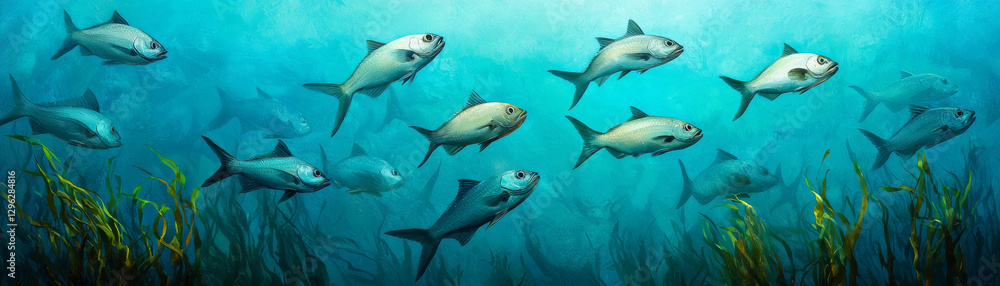 Naklejka premium Underwater scene with fish swimming among seaweed in blue water