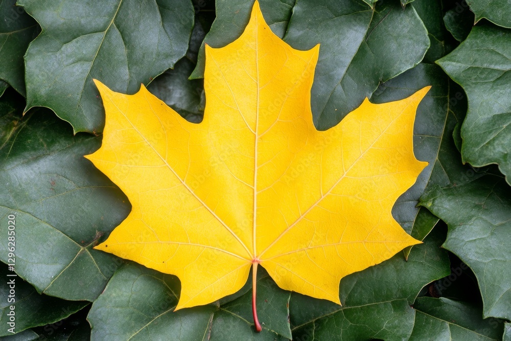 Fototapeta premium A yellow maple leaf lying on green leaves in the garden. A photo of an autumn tree with one bright golden-red and glossy yellow-colored, very large maple leaf resting on dark-green ivy plants