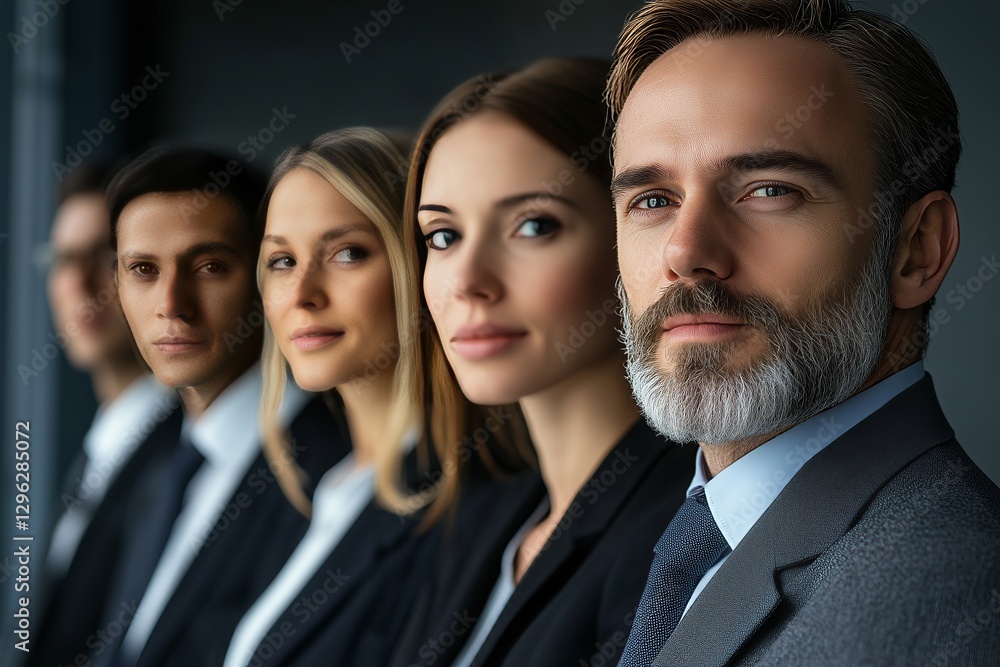 a show of unity, a row of Caucasian businesspeople poses for a group photo, showcasing their collective vision for the successful business corporation. a show of unity, a row of Caucasian businesspeople poses for a group photo, showcasing their collective vision for the successful business corporation.