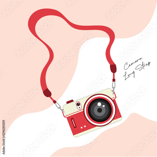 This is a vector illustration of a vintage camera with a long strap, set against a simple bohemian-style background, Camera long strap clip art