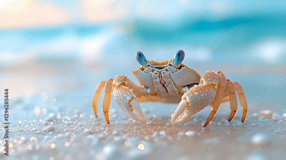 Tiny detailed crab scuttles on pristine white sandy beach, with glistening wet sand, soft morning light, and smooth texture, captured in minimalist coastal scene with sparkling reflections. Tiny detailed crab scuttles on pristine white sandy beach, with glistening wet sand, soft morning light, and smooth texture, captured in minimalist coastal scene with sparkling reflections.