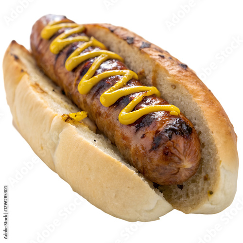 Grilled bratwurst with mustard on bun isolated on transparent background