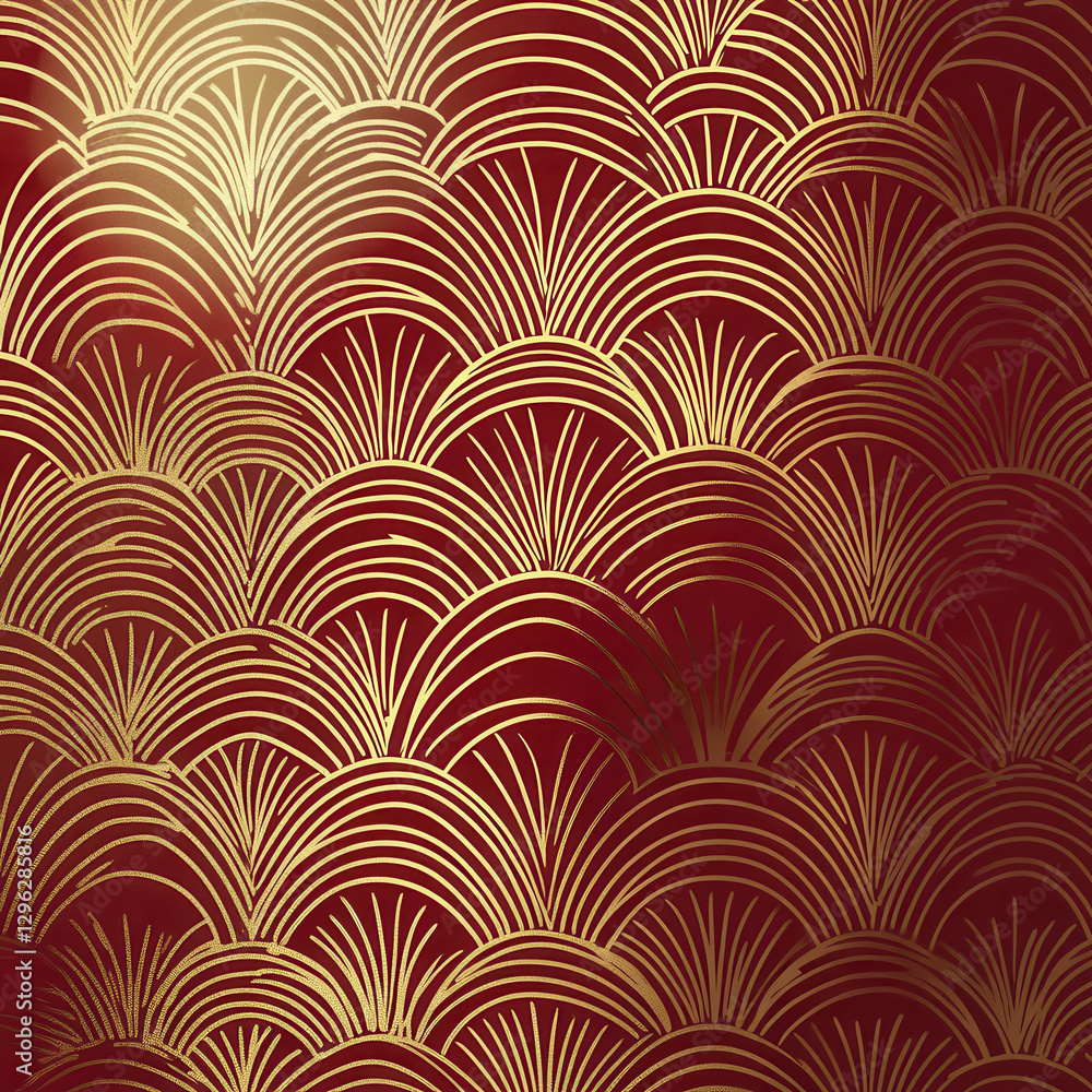 Elegant red and gold art deco pattern featuring fan shapes, creating luxurious and sophisticated design. Perfect for backgrounds or decorative elements Elegant red and gold art deco pattern featuring fan shapes, creating luxurious and sophisticated design. Perfect for backgrounds or decorative elements