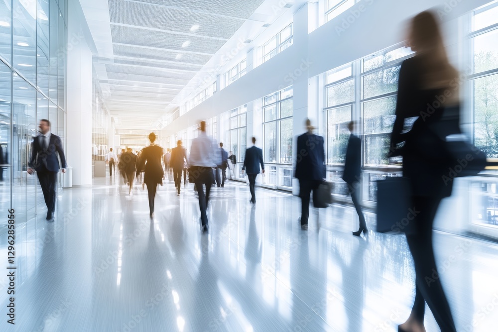 Bright business workplace with people in walking in blurred motion in modern office space Bright business workplace with people in walking in blurred motion in modern office space
