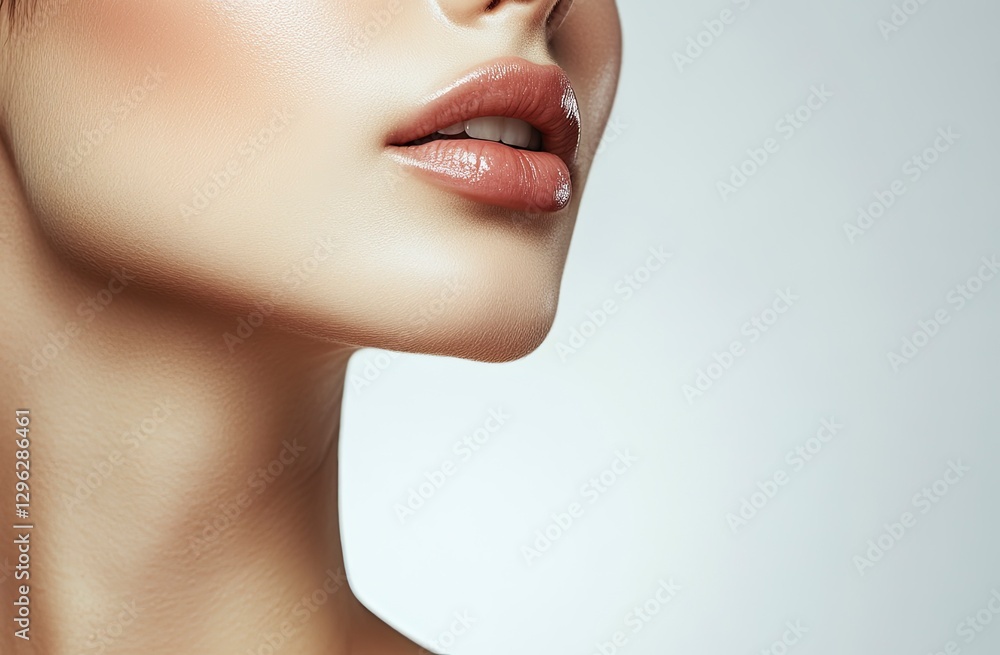 Obraz premium Close-up of a beautiful Asian woman with clean, fresh skin on a white background. Portrait close-up of the face and neck of a young female model after makeup, isolated on a transparent background. 