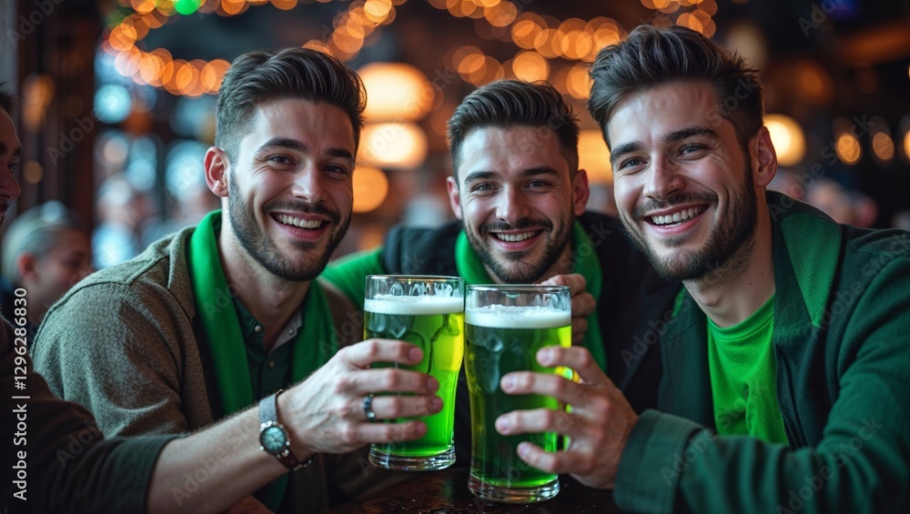 Friends celebrate with green drinks during festive gathering at bar in evening with joyful atmosphere Friends celebrate with green drinks during festive gathering at bar in evening with joyful atmosphere