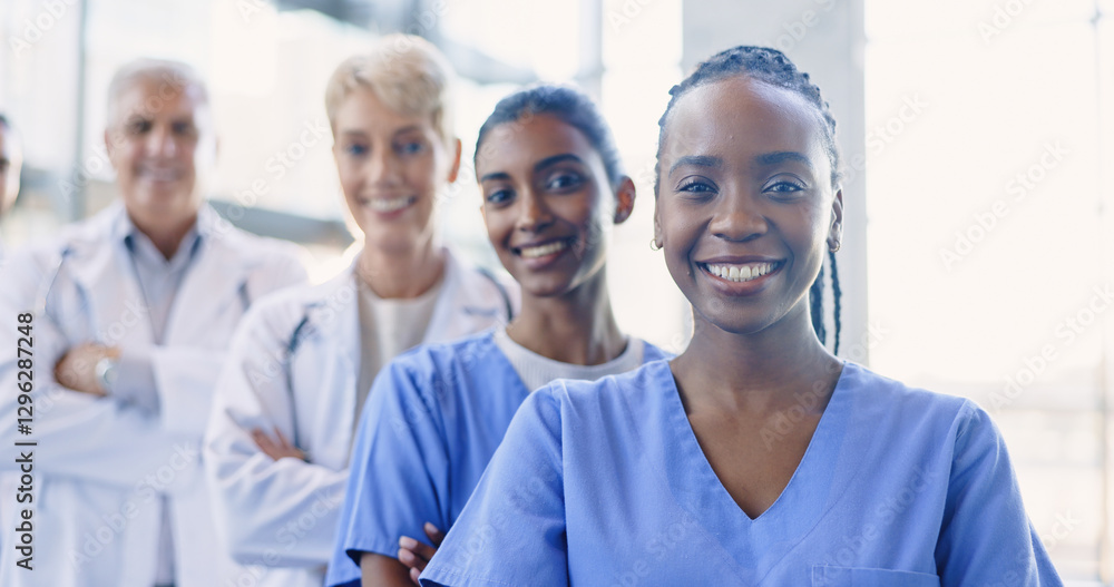 Happy, crossed arms and portrait of team of doctors in the hospital for medical diagnosis or treatment. Smile, diversity and healthcare workers in collaboration with confidence in a medicare clinic. Happy, crossed arms and portrait of team of doctors in the hospital for medical diagnosis or treatment. Smile, diversity and healthcare workers in collaboration with confidence in a medicare clinic.