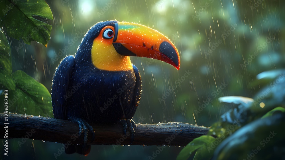 Obraz premium Vibrant toucan with rainbow beak perches on branch, displaying black body and yellow chest amid raindrops, with misty forest background and lush green tones in atmospheric rainfall.