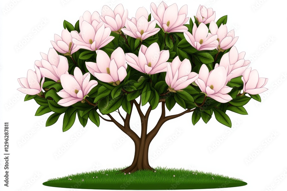 Fototapeta premium a 2D cartoon illustration of a blossoming magnolia tree, elegant and pink, white background