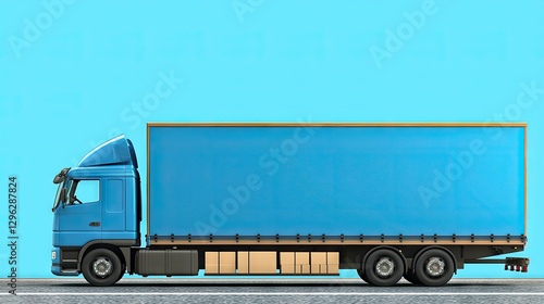 Blue truck on a highway; modern freight transportation; studio shot; advertising vehicle