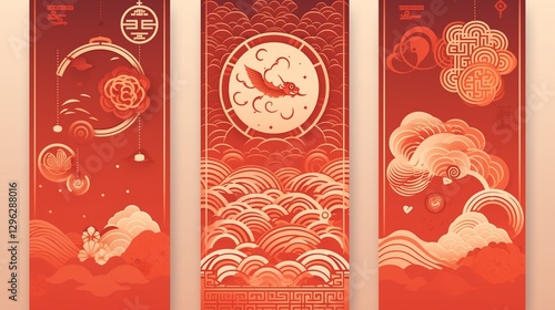 Chinese new year  year of the Snake. Vertical abstract greeting cards, banners. Red traditional Chinese vector designs with lanterns. Lunar new year concept, linear abstract modern design