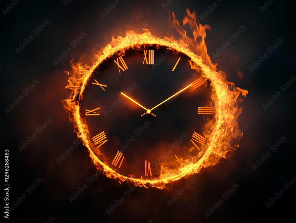 burning clock dial, natural colors, front view, clear and minimalist