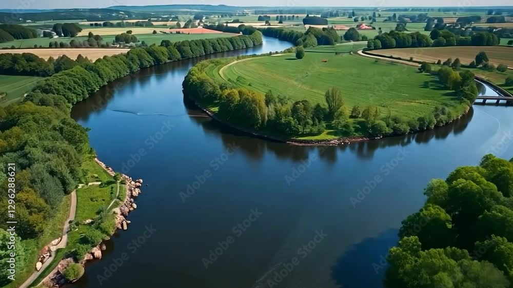 Serene River Landscape: Aerial View of a Meandering River in Lush Green Surroundings Serene River Landscape: Aerial View of a Meandering River in Lush Green Surroundings