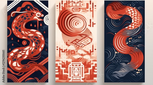 hinese new year 2025 year of the Snake. Red Snake illustrations, vertical design, cards, banners. Red traditional Chinese vector designs with snakes. geometric modern vector
