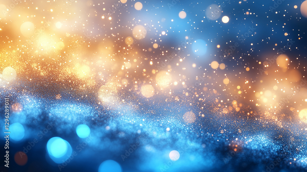 Soft-focus background with floating blue and gold particles creating a dreamy twinkling effect Soft-focus background with floating blue and gold particles creating a dreamy twinkling effect