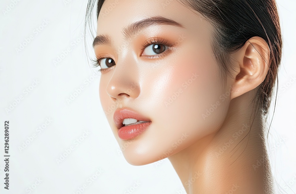 Obraz premium Close-up of a beautiful Asian woman with clean, fresh skin on a white background. Portrait close-up of the face and neck of a young female model after makeup, isolated on a transparent background. 