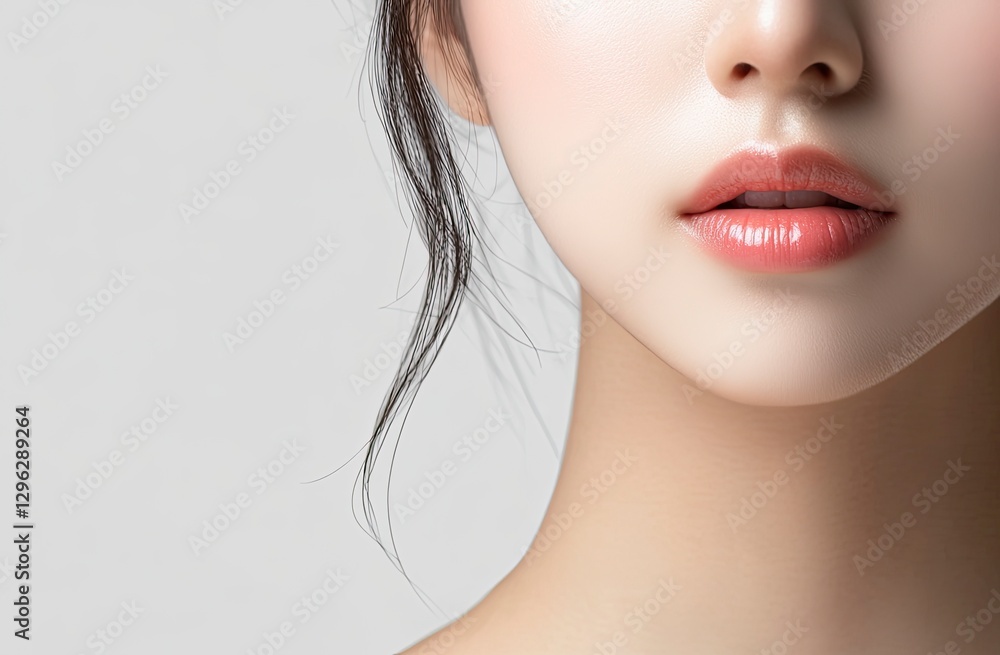 Naklejka premium Close-up of a beautiful Asian woman with clean, fresh skin on a white background. Portrait close-up of the face and neck of a young female model after makeup, isolated on a transparent background. 