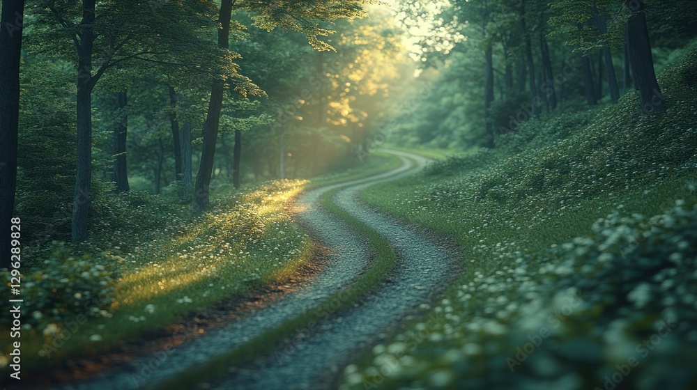 Obraz premium Sunlit Forest Path Winding Through Green