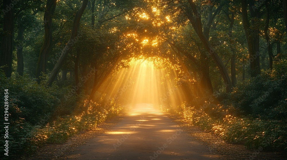 Obraz premium Sunlit Forest Path, Morning Haze, Peaceful Scene