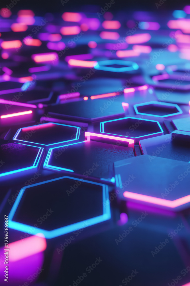 A dynamic 3D abstract background with interconnected hexagonal grids illuminated by electric neon edges. The deep reflections and floating structures create a modern, high-tech atmosphere, full of A dynamic 3D abstract background with interconnected hexagonal grids illuminated by electric neon edges. The deep reflections and floating structures create a modern, high-tech atmosphere, full of