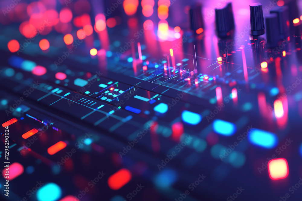 A high-tech 3D music background showcasing an array of floating, holographic sound mixers. Each glowing knob and slider moves automatically, forming an abstract, futuristic representation of digital A high-tech 3D music background showcasing an array of floating, holographic sound mixers. Each glowing knob and slider moves automatically, forming an abstract, futuristic representation of digital