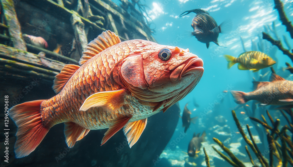 Naklejka premium Vibrant underwater scene featuring colorful fish swimming near sunken ship. orange fish stands out among diverse marine life