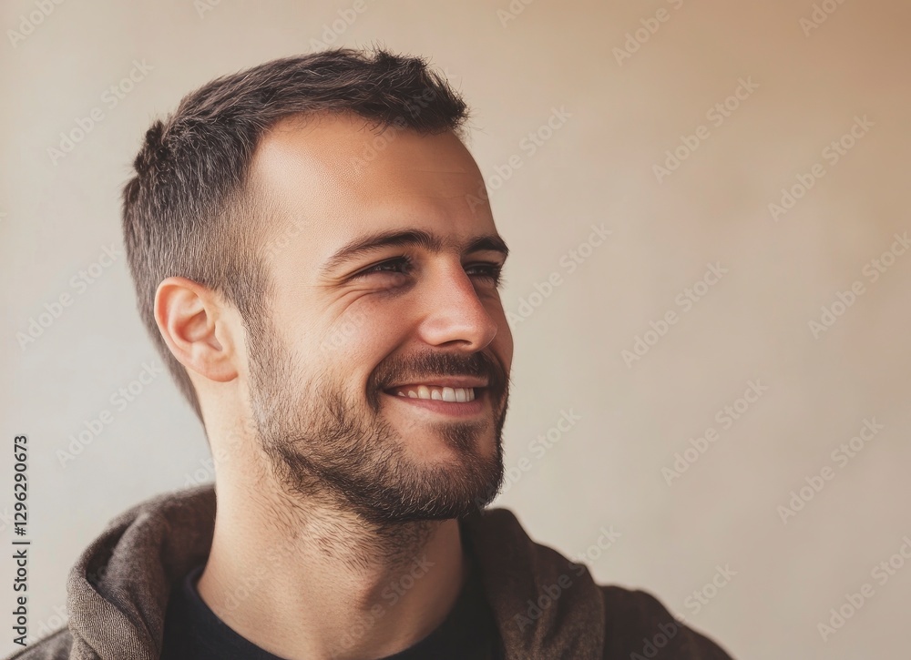 Fototapeta premium Portrait of a handsome, smiling man looking away, with a light beige background and blurred face. This is the winning stock photo for a text contest, 