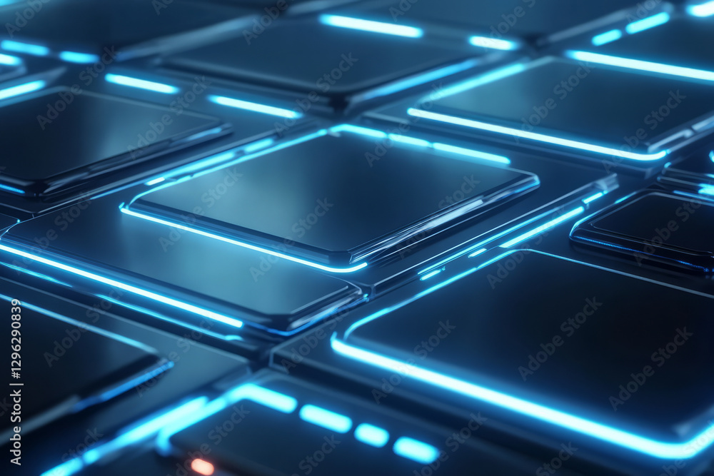 A high-tech 3D abstract background featuring a cybernetic grid of interconnected glowing panels, pulsating with synchronized neon energy. The intricate futuristic digital design enhances the sci-fi A high-tech 3D abstract background featuring a cybernetic grid of interconnected glowing panels, pulsating with synchronized neon energy. The intricate futuristic digital design enhances the sci-fi