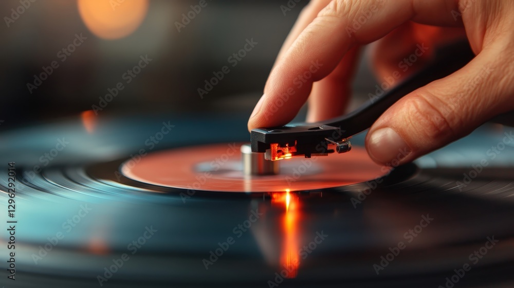A close-up image of a hand carefully placing a needle on a spinning vinyl record, capturing the essence of analog music and the nostalgia associated with record players and vinyl. A close-up image of a hand carefully placing a needle on a spinning vinyl record, capturing the essence of analog music and the nostalgia associated with record players and vinyl.
