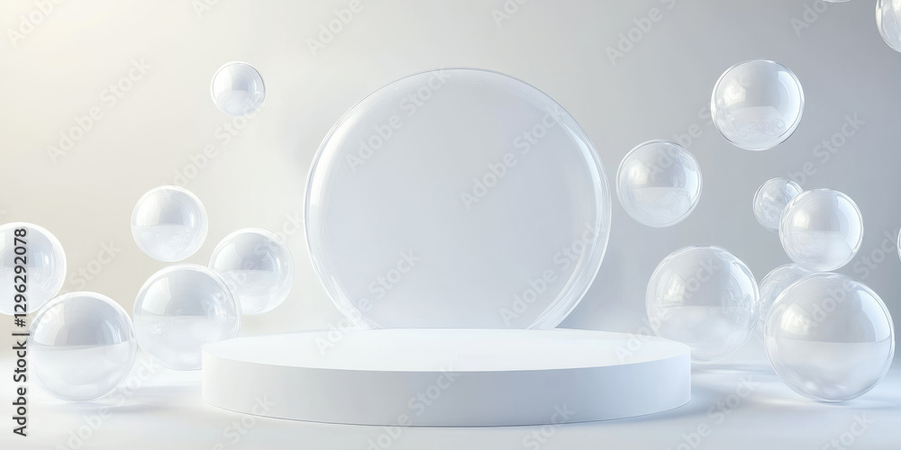 A clean and minimalistic 3D background with a white circular podium, surrounded by floating translucent spheres. Soft diffused lighting creates a calm, elegant atmosphere, making it an ideal backdrop A clean and minimalistic 3D background with a white circular podium, surrounded by floating translucent spheres. Soft diffused lighting creates a calm, elegant atmosphere, making it an ideal backdrop