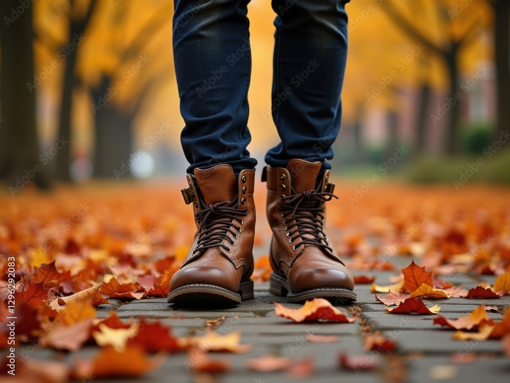 Pies con botas de cuero caminando por un camino adoquinado cubierto de hojas de otoño, follaje colorido en lo alto, aire fresco del otoño
Pies con botas de cuero caminando por un camino adoquinado cubierto de hojas de otoño, follaje colorido en lo alto, aire fresco del otoño