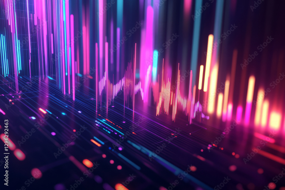 A futuristic 3D music background featuring floating, holographic equalizer bars pulsating in sync with an invisible beat. The glowing neon waves form an abstract, dynamic visualization of electronic A futuristic 3D music background featuring floating, holographic equalizer bars pulsating in sync with an invisible beat. The glowing neon waves form an abstract, dynamic visualization of electronic