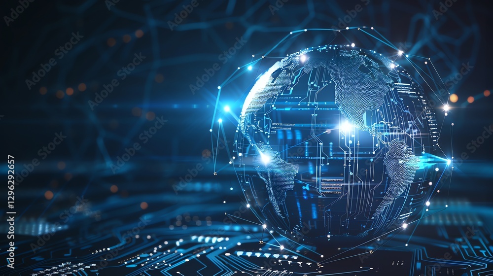 An abstract digital globe with glowing blue lines and a circuit board in the background. An abstract digital globe with glowing blue lines and a circuit board in the background.
