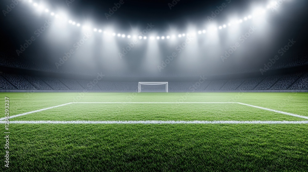 Obraz premium Illuminated Stadium Field with Empty Goalposts at Night
