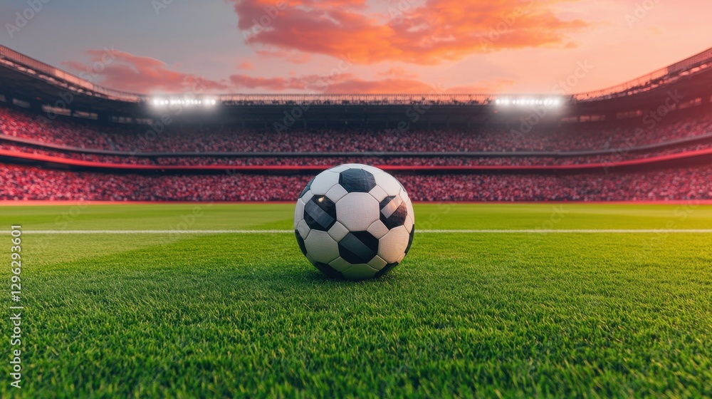 Fototapeta premium Soccer Ball on Lush Grass Field with Stadium Background at Sunset