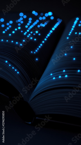 Open book with glowing blue dots on pages, technology concept photo